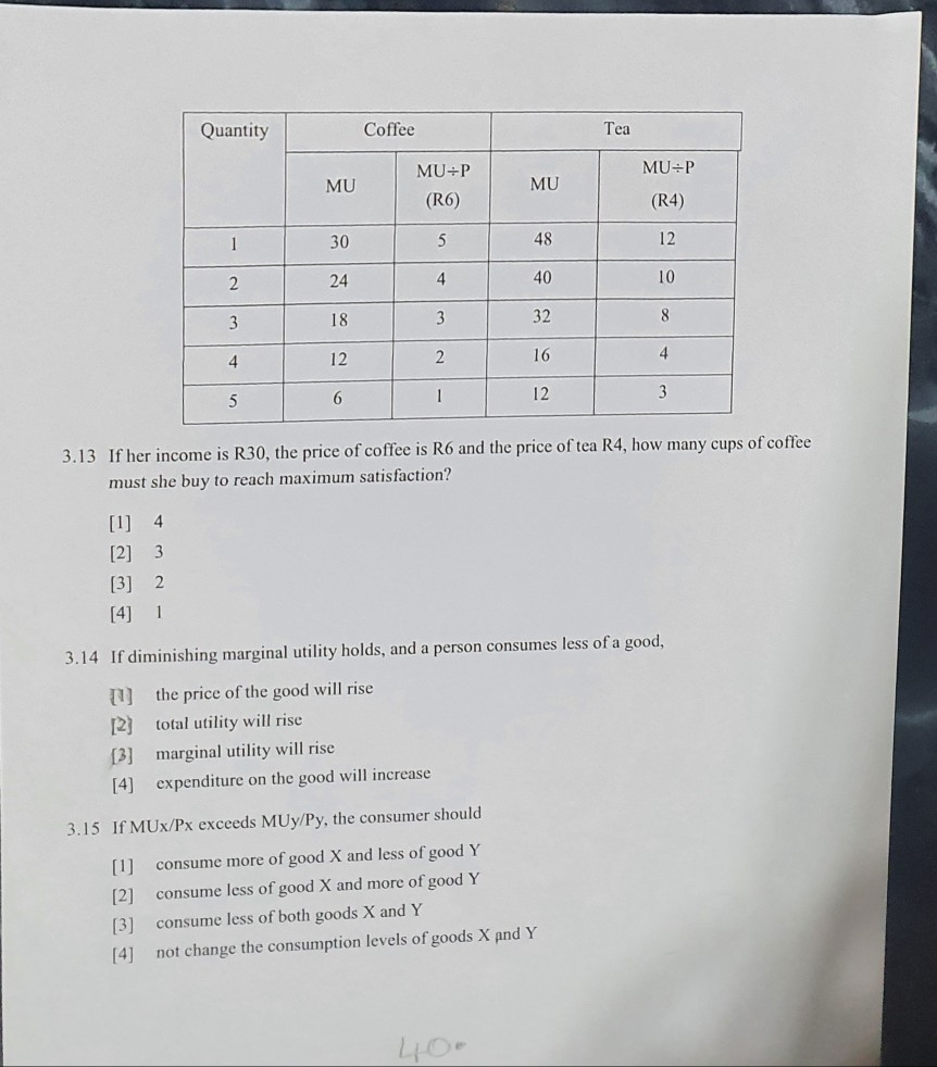 Solved Quantity Coffee Tea Mu P Mu P Mu Mu Ro R4 1 30 Chegg Com