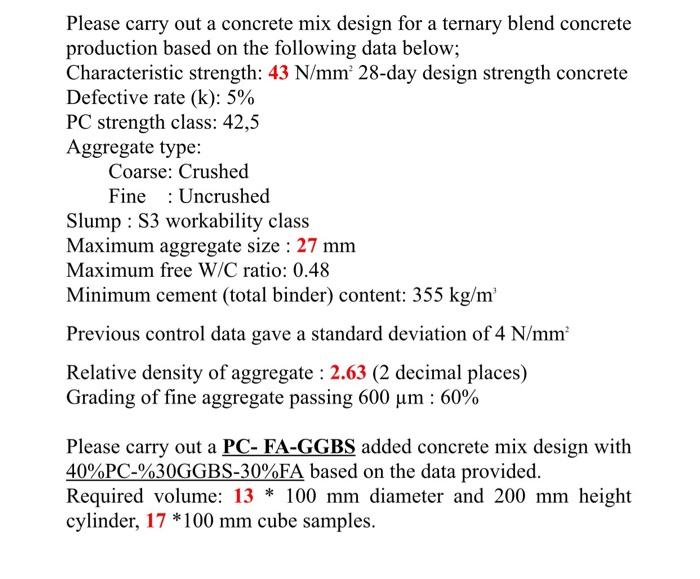 Please carry out a concrete mix design for a ternary blend concrete
production based on the following data below;
Characteris