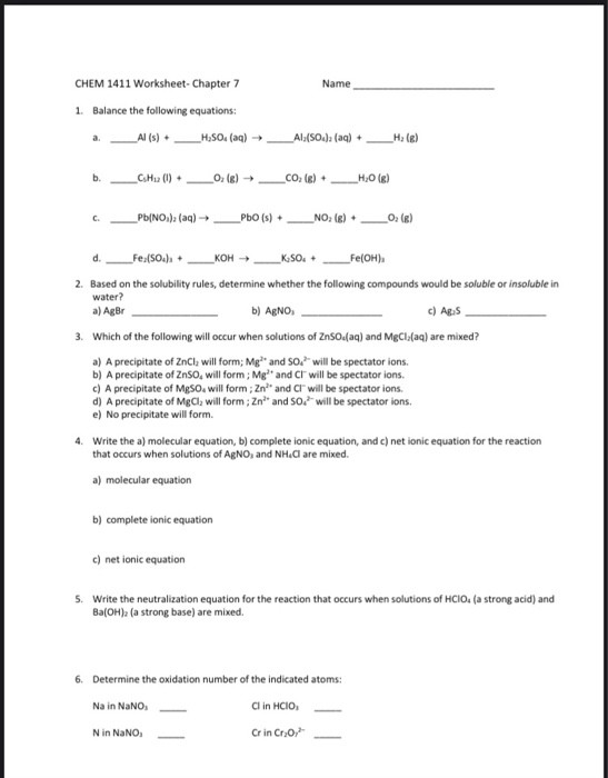 Name CHEM 1411 Worksheet-Chapter 7 1. Balance the | Chegg.com name-chem-1411-worksheet-chapter-7-1-balance-the-chegg-com