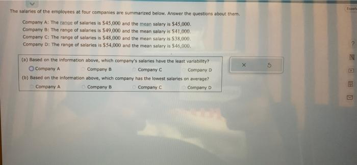 Solved The salaries of the employees at four companies are | Chegg.com