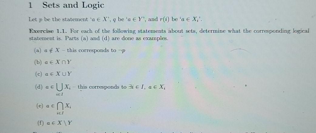 Solved 1 Sets and Logic Let p be the statement a EX, 9 be 'a | Chegg.com