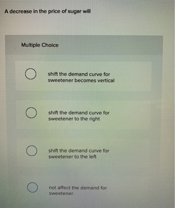 Solved A decrease in the price of sugar will Multiple Choice | Chegg.com