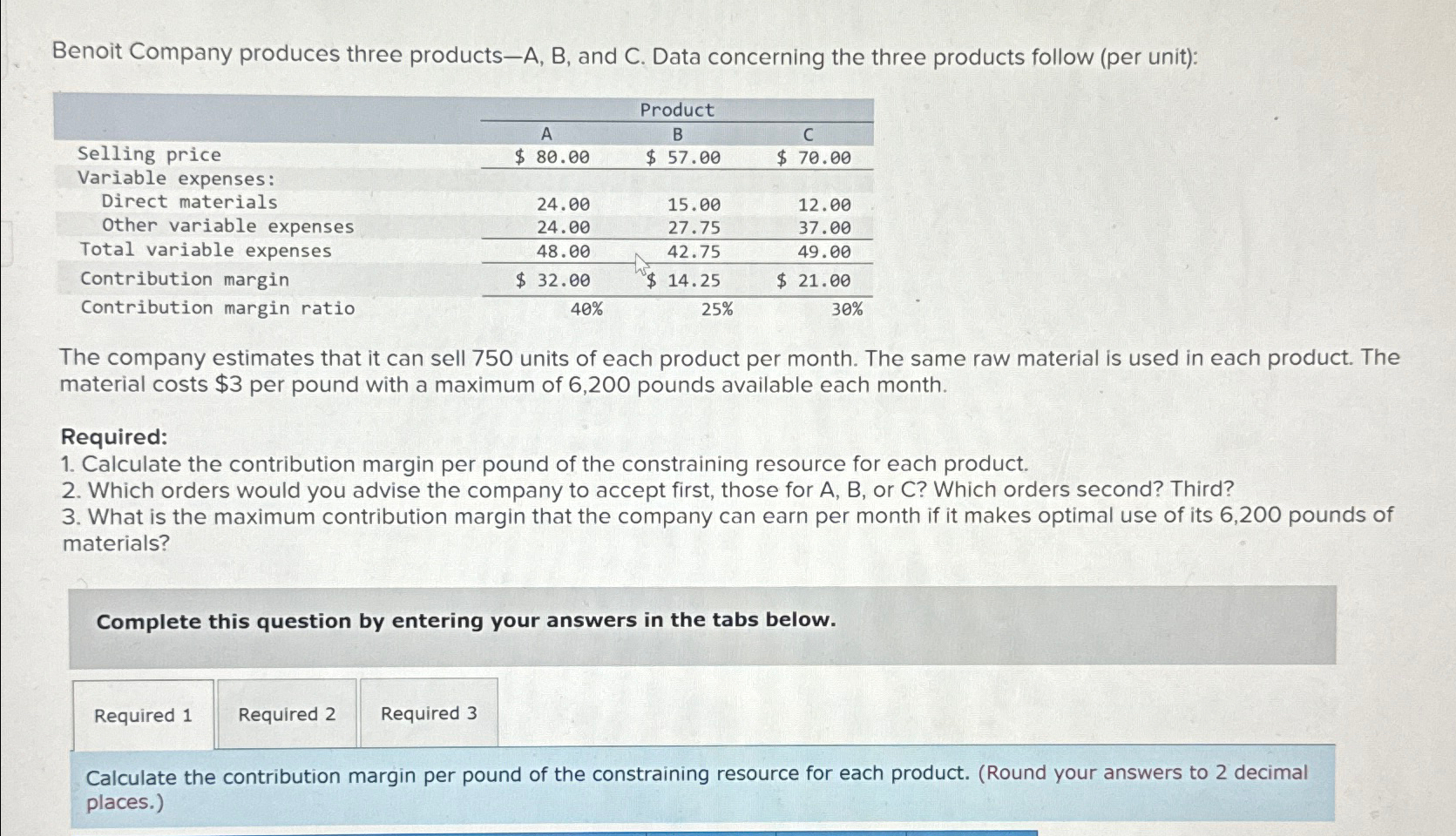 Benoit Company produces three productsA, ﻿B, ﻿and C.