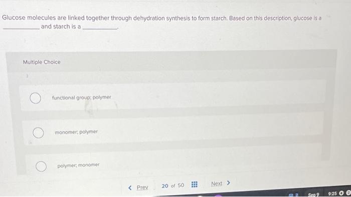 Glucose molecules are linked together through dehydration synthesis to form starch. Based on this description, glucose is a a