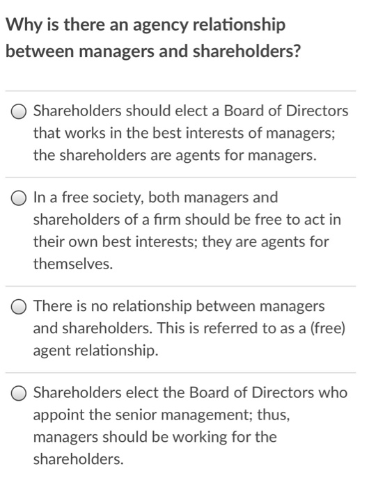 Solved Why is there an agency relationship between managers | Chegg.com