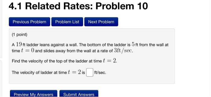 Solved 4.1 Related Rates: Problem 4 Previous Problem Problem | Chegg.com