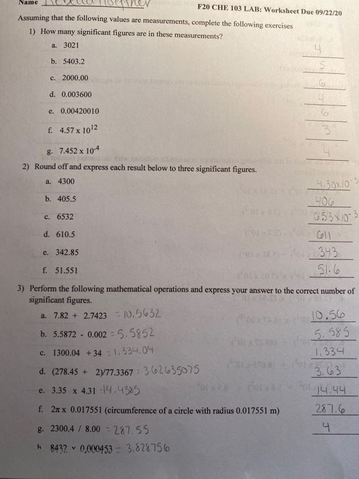 Lab Math Worksheet Chegg Solved Name F20 CHE 103 LAB: Worksheet Due 09/22/20 Assuming | Chegg.com