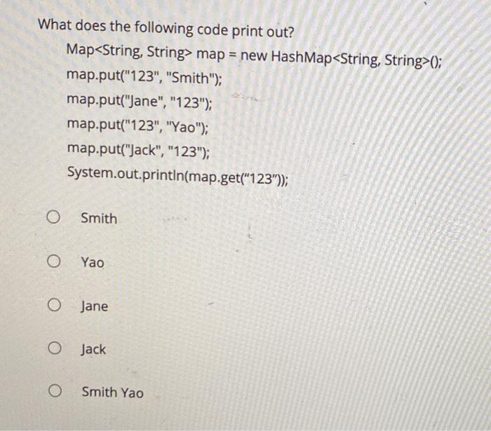 Solved What does the following code print out? Map map = new | Chegg.com