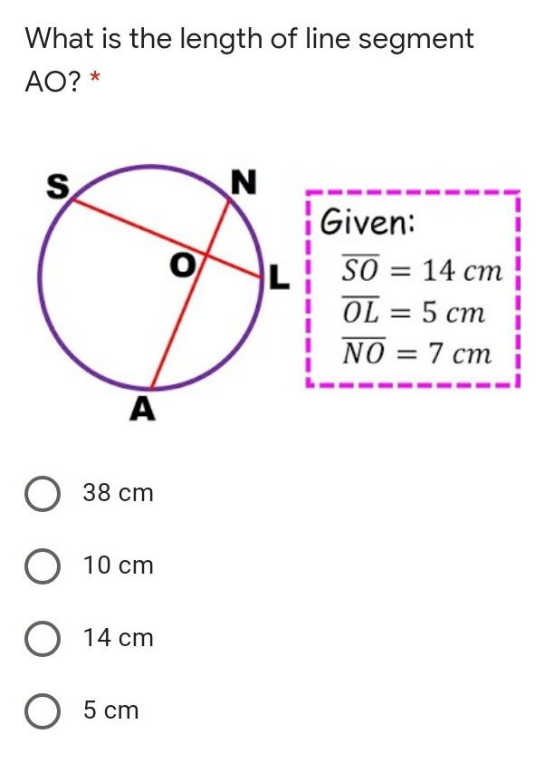 What is the length of line segmentAO? *SNOGiven:SO = 14 cmOL = 5 cmNO = 7 cm?O 38 cmO 10 cmO 14 cmO 5 cm