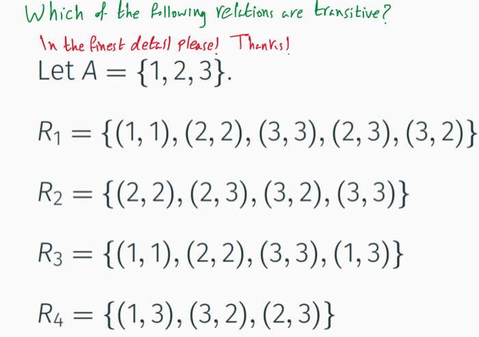 Which of the Pollowing reletions are transitive? In the finest detzs) please! Thankis) Let A = {1,2, 3}. R1 = {(1, 1), (2, 2)