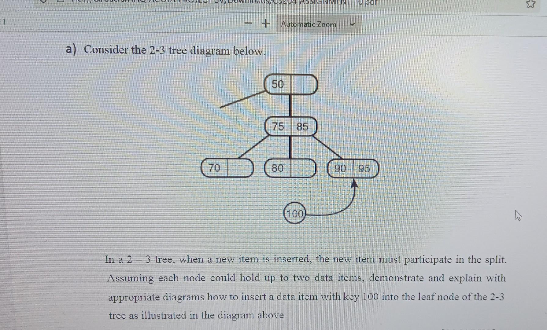 Solved A) Consider The 2-3 Tree Diagram Below. In A 2 - 3 | Chegg.com