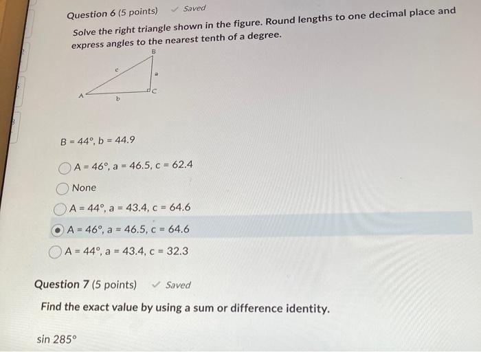 Solved Question 14 (5 points) Saved Solve the triangle. | Chegg.com