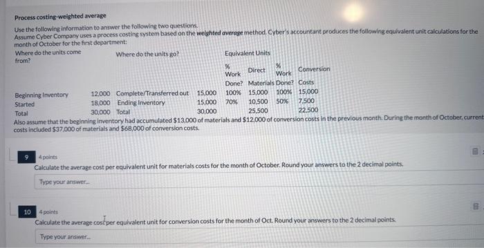 Solved Process costing-welghted average Use the following | Chegg.com