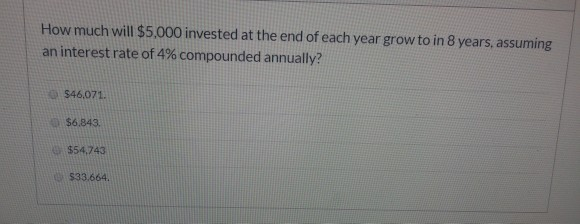 Solved How Much Will $5,000 Invested At The End Of Each Year | Chegg.com