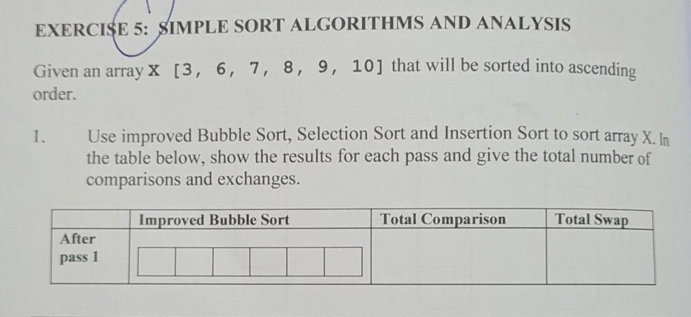Solved EXERCISE 5: SIMPLE SORT ALGORITHMS AND ANALYSIS Given | Chegg.com