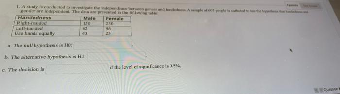 Solved 1. A study is conducted to investigate the | Chegg.com