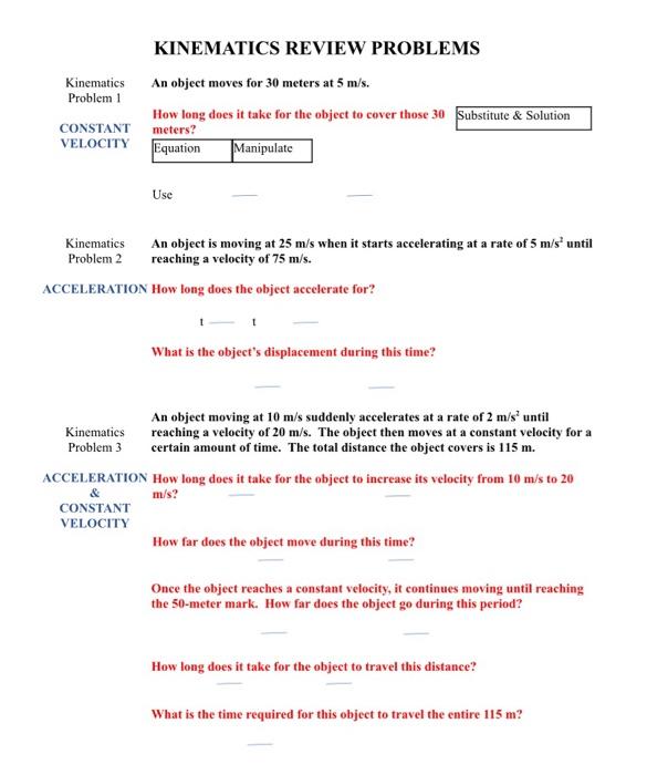 Solved KINEMATICS REVIEW PROBLEMS Kinematics An object moves | Chegg.com