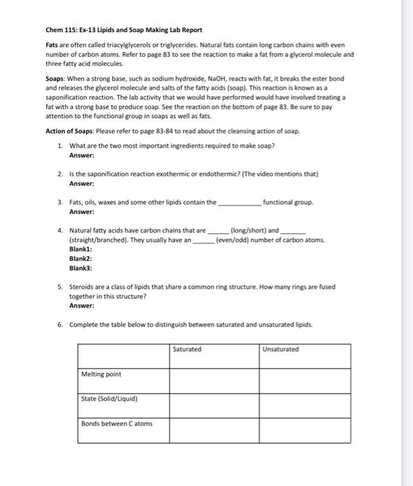 Solved Chem 115 Ex13 Lipids and Soap Making Lab Report