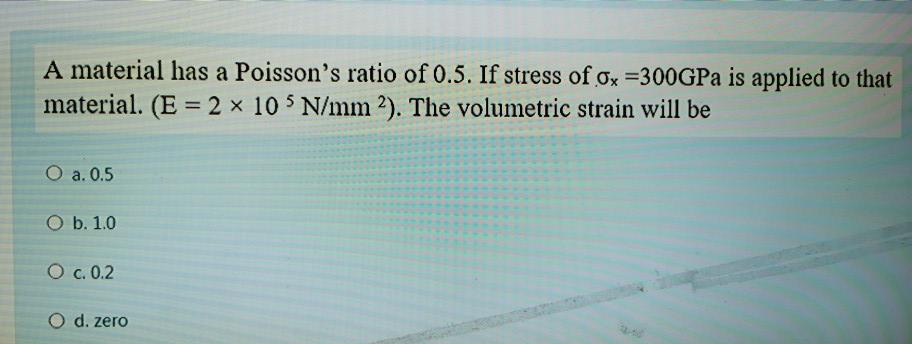 Solved A Material Has A Poisson S Ratio Of 0 5 If Stress Chegg Com