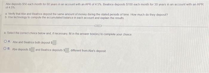 Solved Abe deposits 550 each month for 60 years in an Chegg