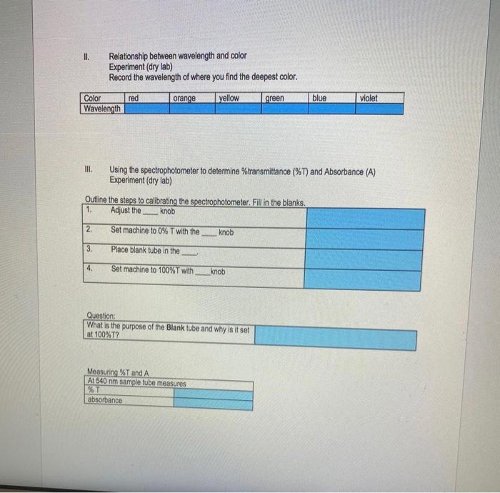 II. Relationship between wavelength and color
Experiment (dry lab)
Record the wavelength of where you find the deepest color.