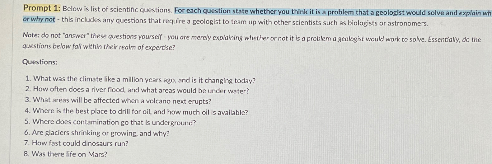 Solved Prompt 1: Below is list of scientific questions. For | Chegg.com