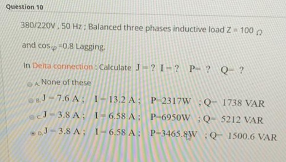Solved Question 10 380/220V, 50 Hz; Balanced three phases | Chegg.com