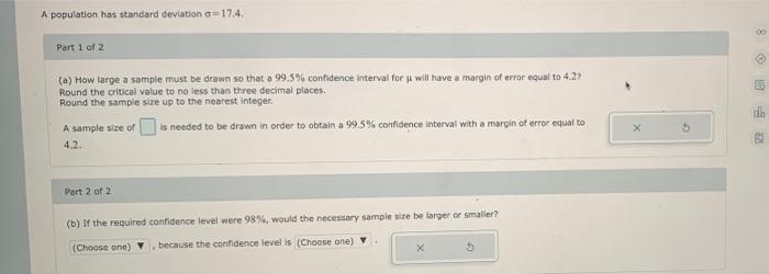 Solved A population has standard deviation 17:4 8 00 Part 1 | Chegg.com