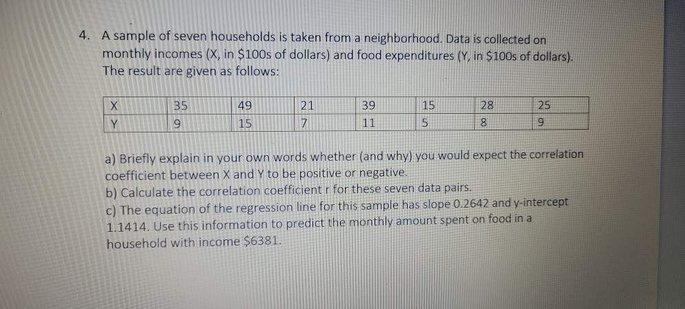 Solved 4. A sample of seven households is taken from a | Chegg.com
