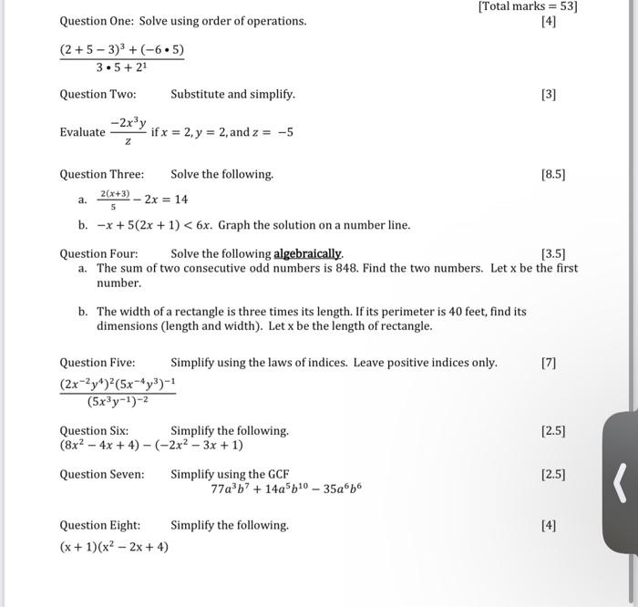 Solved Question One: Solve using order of operations. [4] | Chegg.com