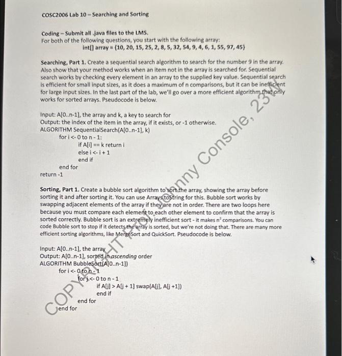 Solved cosc2006 Lab 10 - Searching and Sorting Coding - | Chegg.com