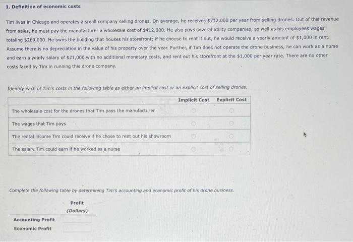 Solved 1. Definition of economic costs Tim lives in Chicago | Chegg.com