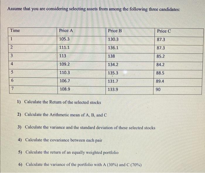 Solved Assume that you are considering selecting assets from | Chegg.com