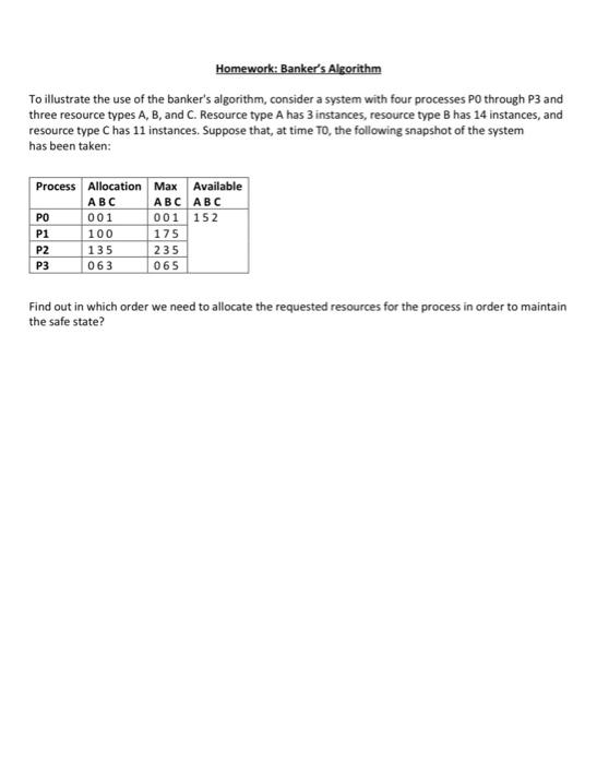Solved Homework: Banker's Algorithm To illustrate the use of | Chegg.com