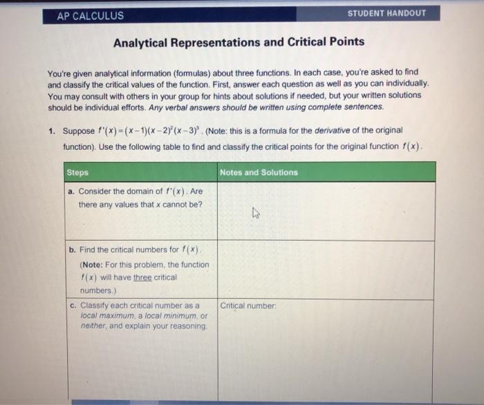 Solved AP CALCULUS STUDENT HANDOUT Analytical | Chegg.com