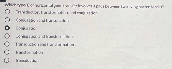 Solved Which type(s) of horizontal gene transfer involves a | Chegg.com