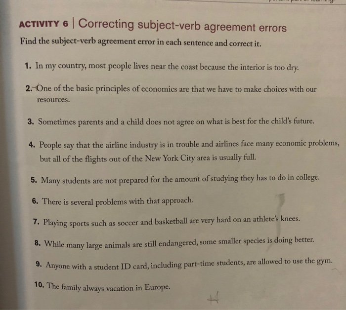 Solved ACTIVITY 6 Correcting Subject verb Agreement Errors Chegg