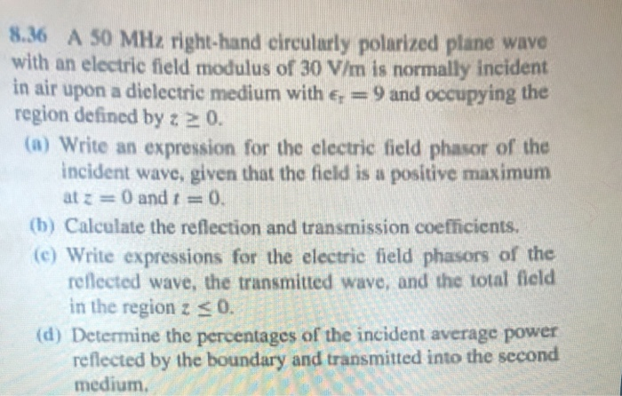 Solved 8.36 A 50 MHz right-hand circularly polarized plane | Chegg.com
