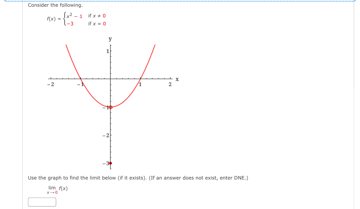 Solved Consider the following.f(x)={x2-1 if x≠0-3 if x=0Use | Chegg.com