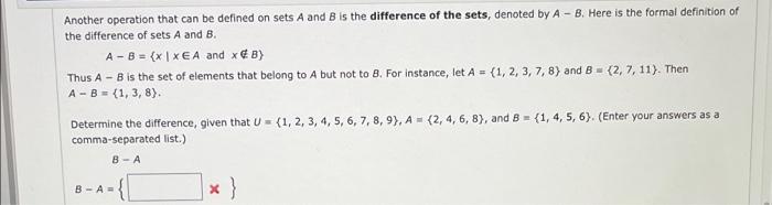 Solved Another Operation That Can Be Defined On Sets A And B | Chegg.com