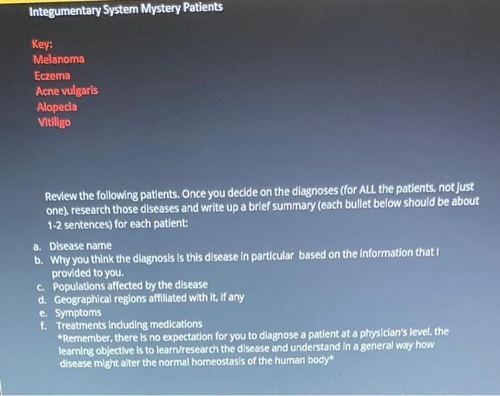 Solved Integumentary System Mystery Patients Key: Melanoma | Chegg.com
