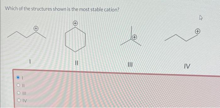 Which of the structures shown is the most stable cation?