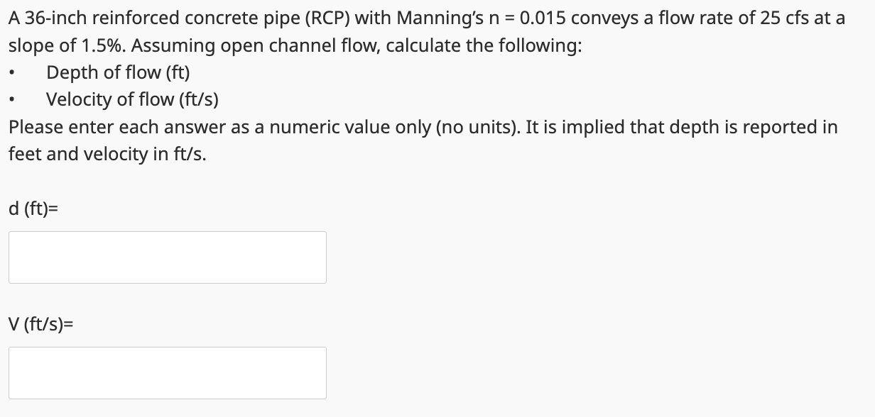 Solved A 36-inch reinforced concrete pipe (RCP) ﻿with | Chegg.com