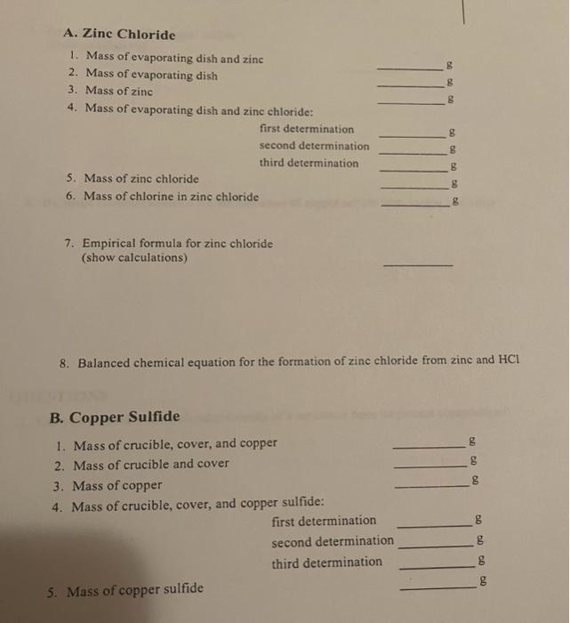 A. Zinc Chloride 1. Mass of evaporating dish and zine