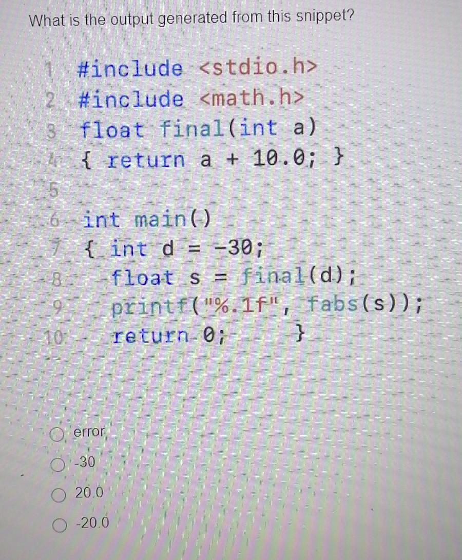 Solved What is the output generated from this snippet? 1 | Chegg.com