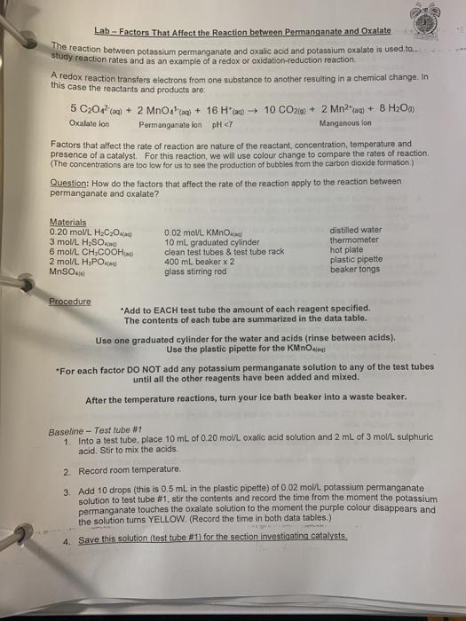 Lab Factors That Affect The Reaction Between Chegg Com