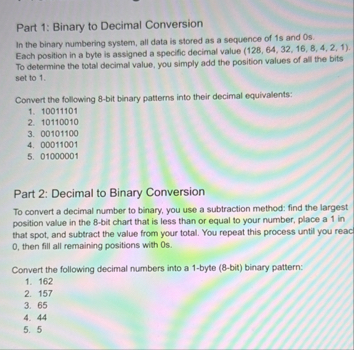 Solved Part 1: Binary to Decimal ConversionIn the binary | Chegg.com