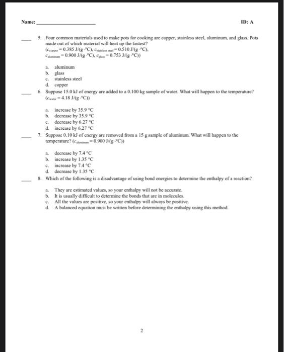 Solved Thermodynamics Quiz a. Multiple Choice Identify the | Chegg.com