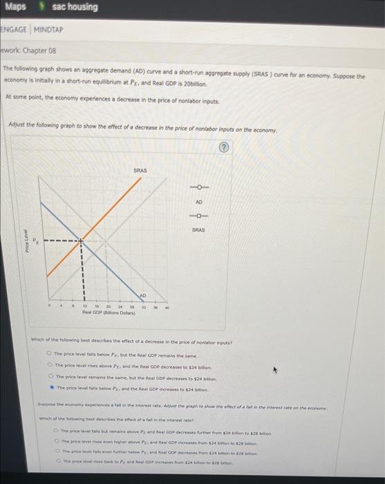 The following graph shows an aggregate dernand (AD) curve and a short-run aggregate supply (SRAS) curve for an economy. Suppo