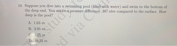 Pool Diving Math Problem Solved 10. Suppose you dive into a swimming pool (filled | Chegg.com
